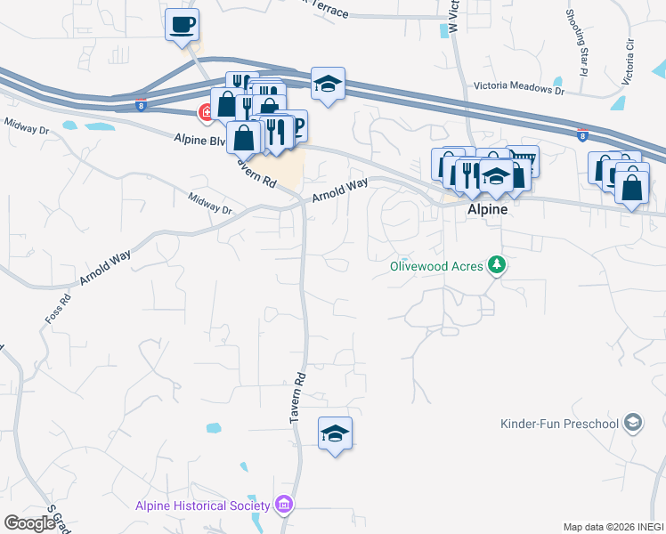 map of restaurants, bars, coffee shops, grocery stores, and more near 1539 Tavern Road in Alpine