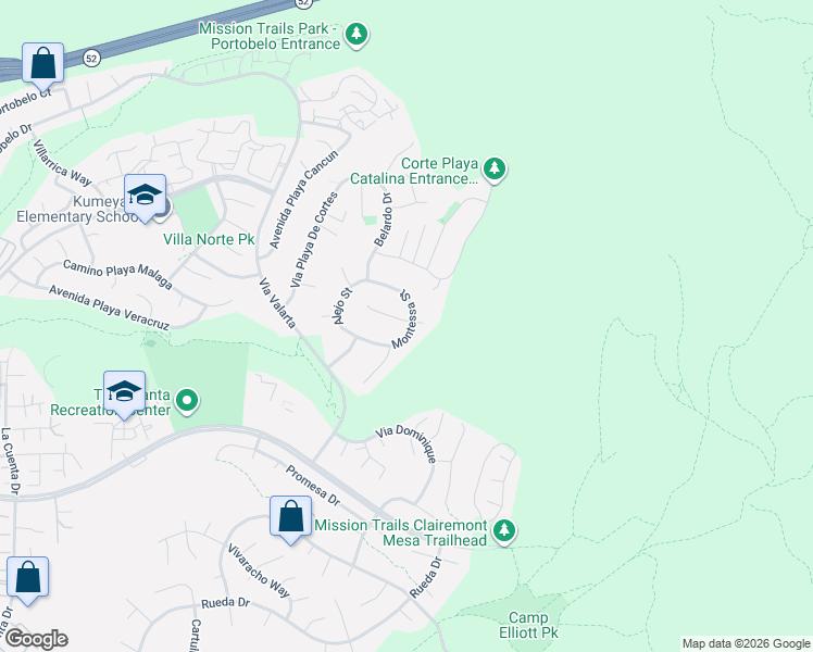 map of restaurants, bars, coffee shops, grocery stores, and more near 4899 Casals Place in San Diego