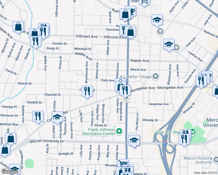 map of restaurants, bars, coffee shops, grocery stores, and more near 2682 Cherry Avenue in Macon