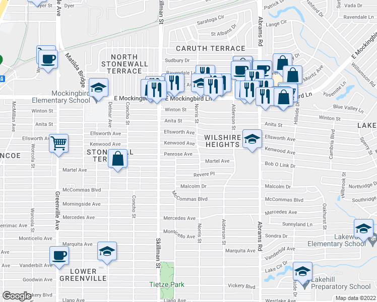 map of restaurants, bars, coffee shops, grocery stores, and more near 6227 Martel Avenue in Dallas