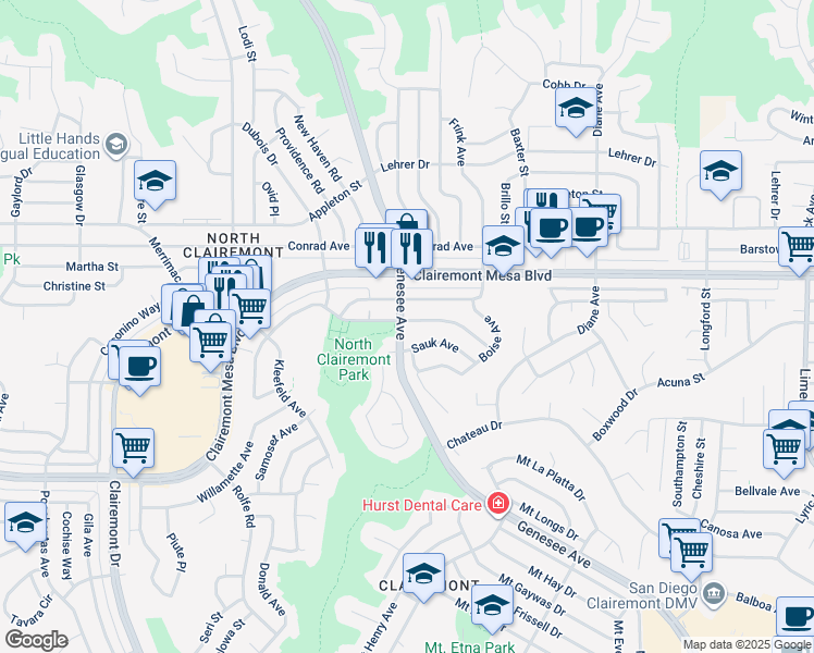map of restaurants, bars, coffee shops, grocery stores, and more near 4501 Bannock Avenue in San Diego