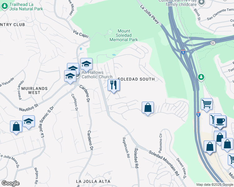 map of restaurants, bars, coffee shops, grocery stores, and more near 2559 Caminito Muirfield in San Diego