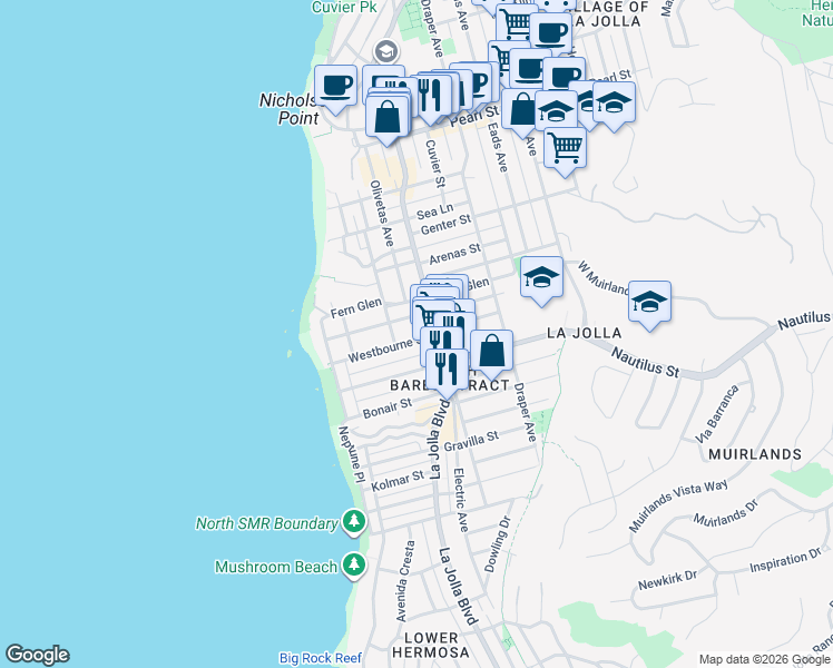 map of restaurants, bars, coffee shops, grocery stores, and more near 442 Westbourne Street in San Diego