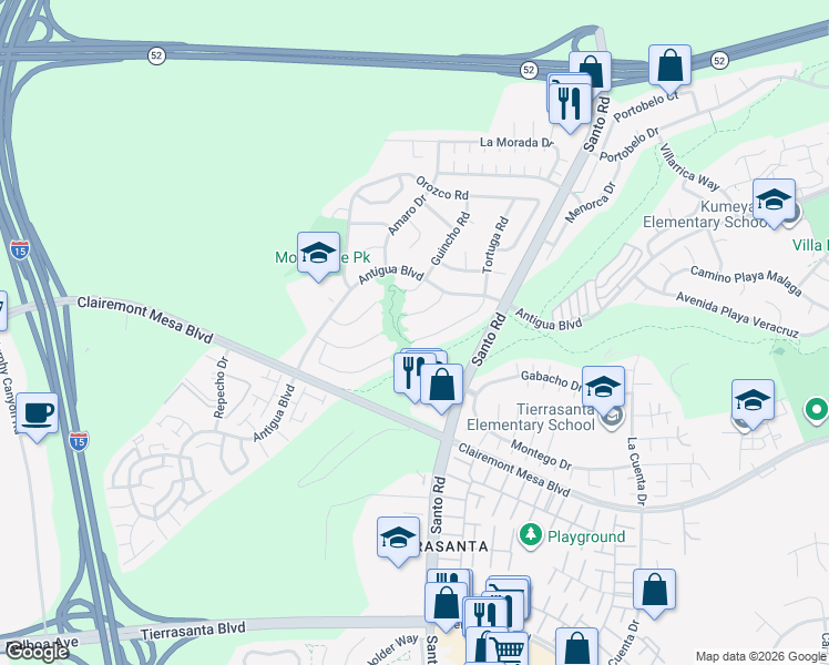 map of restaurants, bars, coffee shops, grocery stores, and more near 5562 Tortuga Court in San Diego