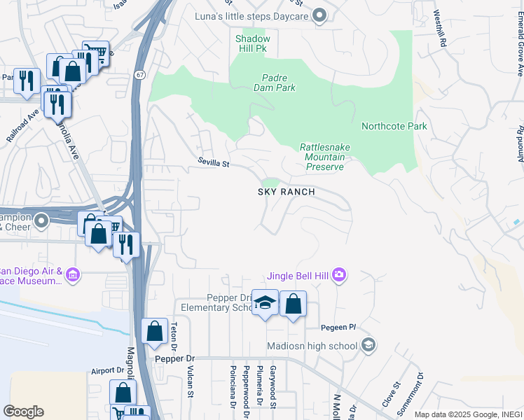 map of restaurants, bars, coffee shops, grocery stores, and more near 5102 Sevilla Street in Santee