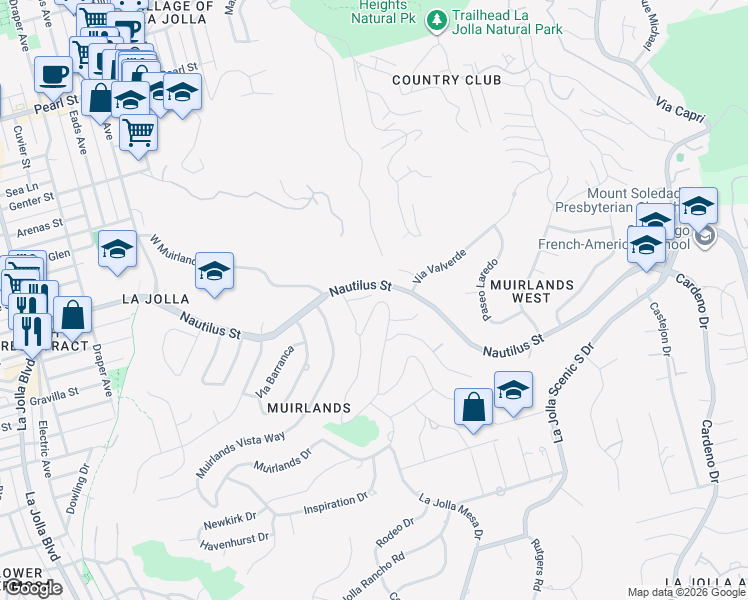 map of restaurants, bars, coffee shops, grocery stores, and more near 6627 Muirlands Drive in San Diego