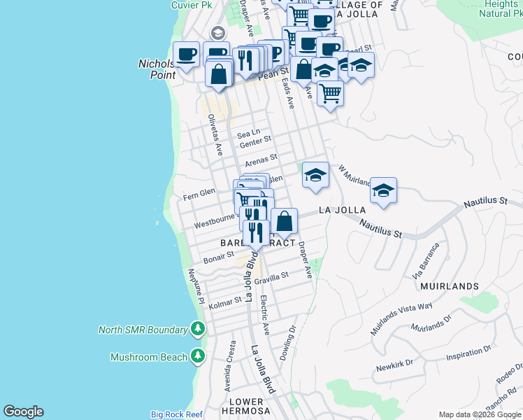 map of restaurants, bars, coffee shops, grocery stores, and more near 544 Westbourne Street in San Diego