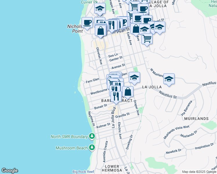 map of restaurants, bars, coffee shops, grocery stores, and more near 442 Westbourne Street in San Diego