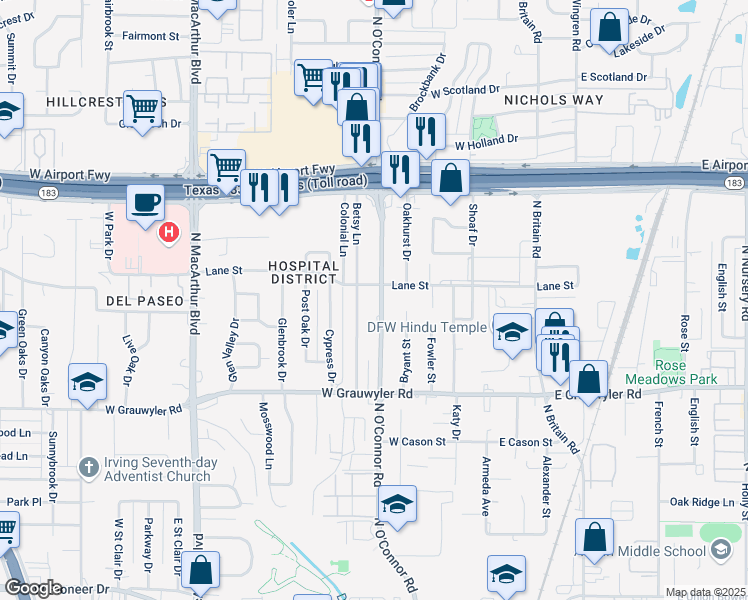 map of restaurants, bars, coffee shops, grocery stores, and more near 1800 North O'Connor Road in Irving