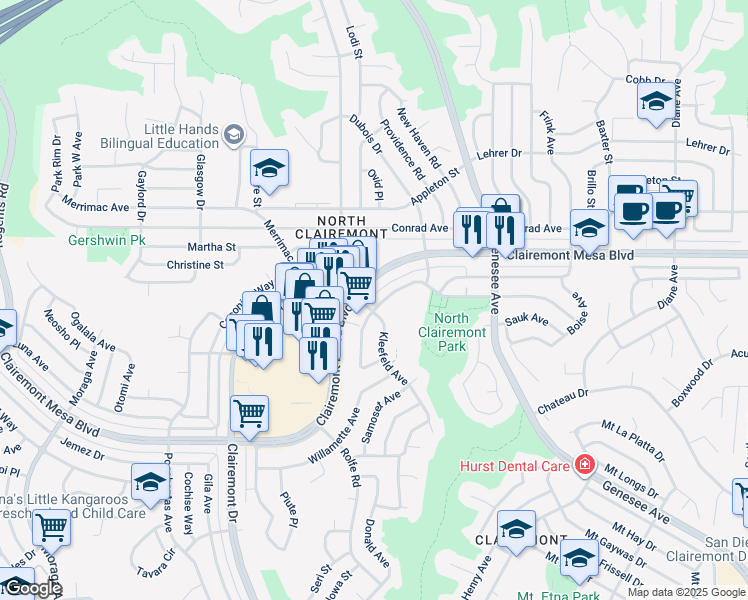 map of restaurants, bars, coffee shops, grocery stores, and more near 4341 Clairemont Mesa Boulevard in San Diego