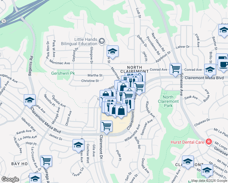 map of restaurants, bars, coffee shops, grocery stores, and more near 4935 Coconino Way in San Diego