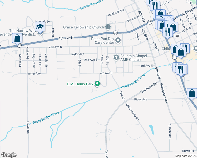 map of restaurants, bars, coffee shops, grocery stores, and more near 102 Coosa Street in Clanton