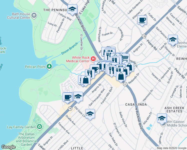 map of restaurants, bars, coffee shops, grocery stores, and more near 9440 Poppy Drive in Dallas