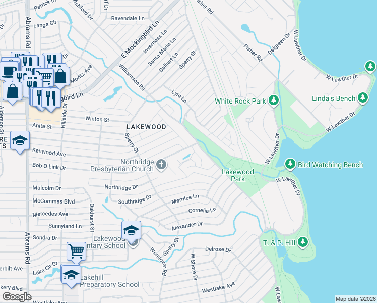 map of restaurants, bars, coffee shops, grocery stores, and more near 3814 Frontier Lane in Dallas