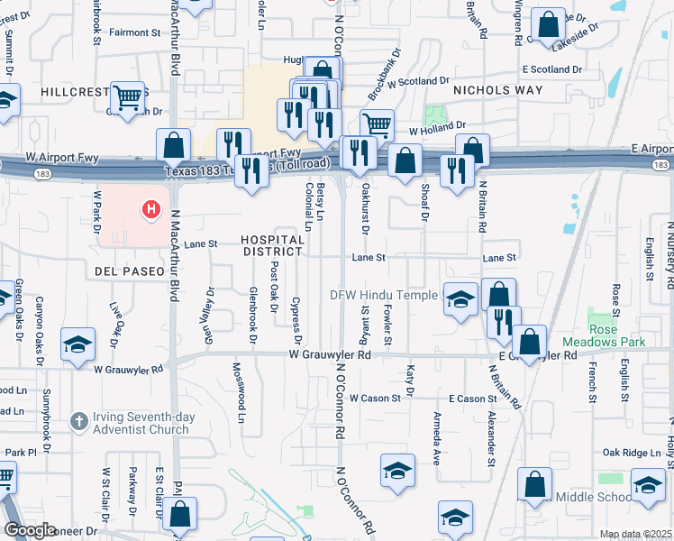 map of restaurants, bars, coffee shops, grocery stores, and more near 1800 North O'Connor Road in Irving