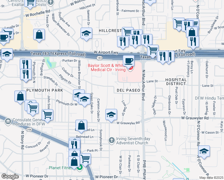 map of restaurants, bars, coffee shops, grocery stores, and more near 1412 Colony Drive in Irving