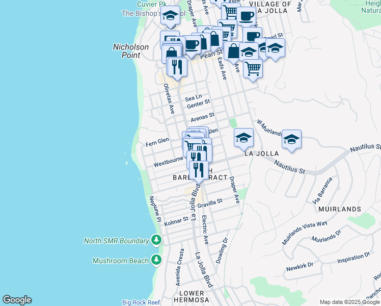 map of restaurants, bars, coffee shops, grocery stores, and more near 462 Westbourne Street in San Diego