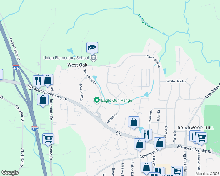 map of restaurants, bars, coffee shops, grocery stores, and more near 4010 West Oak Drive in Macon