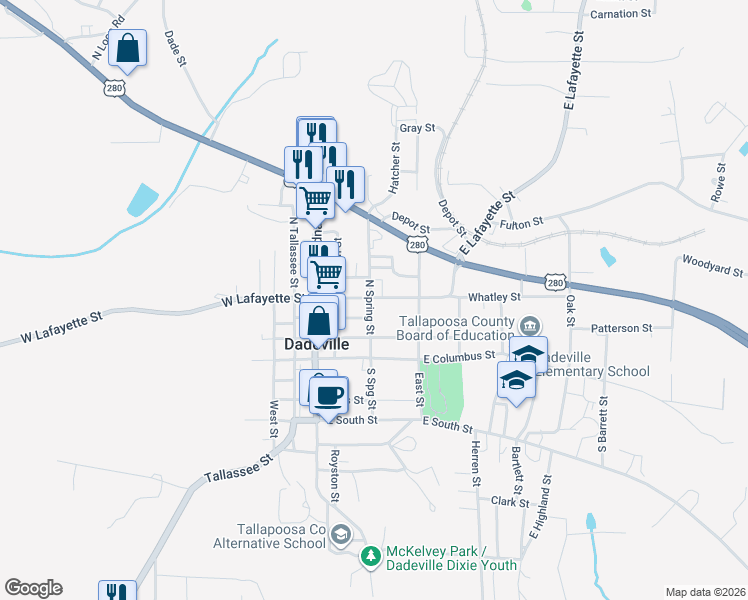 map of restaurants, bars, coffee shops, grocery stores, and more near 328 North Spring Street in Dadeville