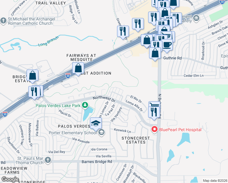 map of restaurants, bars, coffee shops, grocery stores, and more near 4962 Regal Bluff in Mesquite