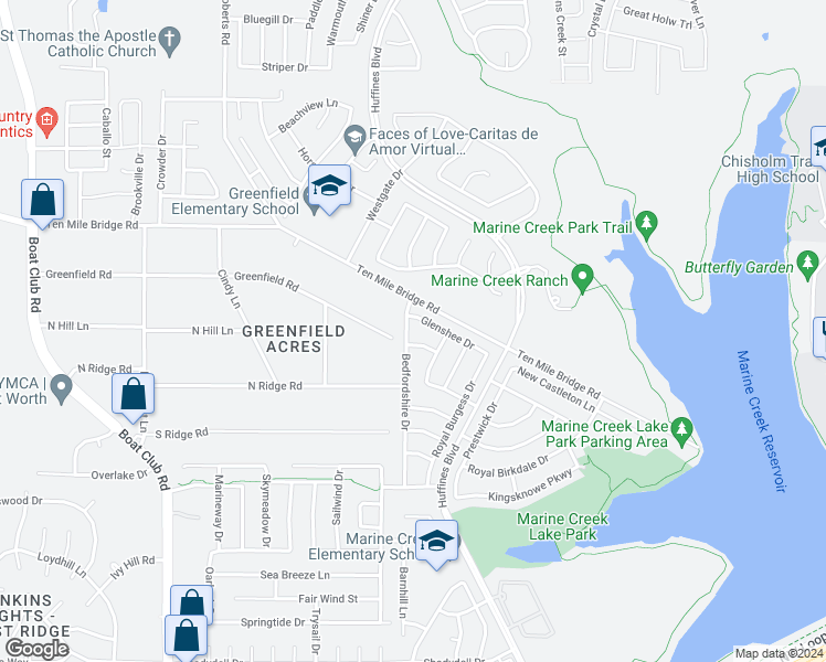 map of restaurants, bars, coffee shops, grocery stores, and more near 5308 Bedfordshire Drive in Fort Worth