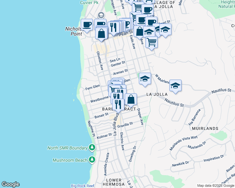 map of restaurants, bars, coffee shops, grocery stores, and more near 249 Westbourne Street in San Diego