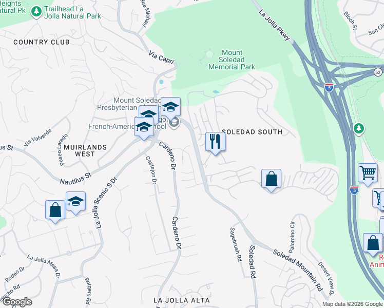 map of restaurants, bars, coffee shops, grocery stores, and more near 6375 Via Cabrera in San Diego