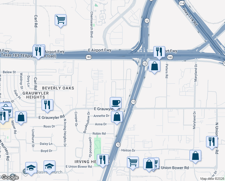 map of restaurants, bars, coffee shops, grocery stores, and more near 1635 Tucasa Drive in Irving