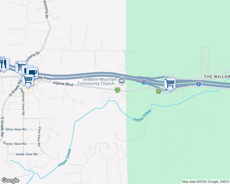 map of restaurants, bars, coffee shops, grocery stores, and more near 3520 Alpine Boulevard in Alpine