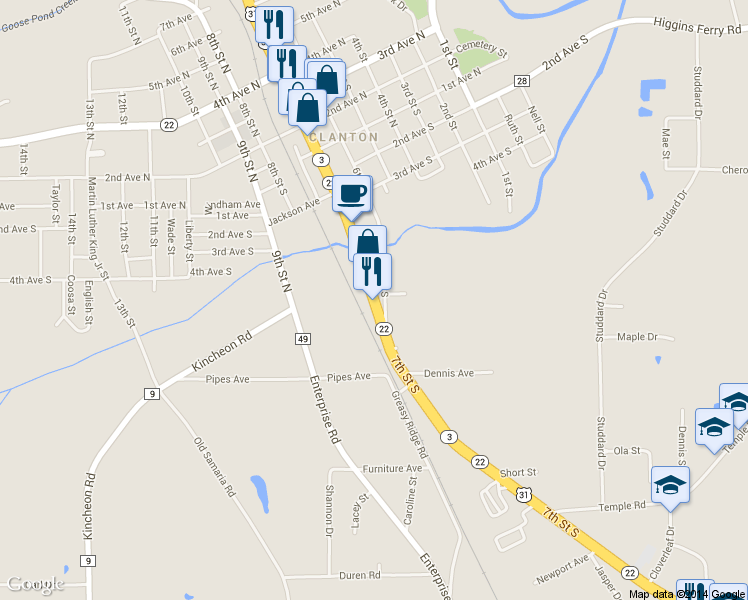 map of restaurants, bars, coffee shops, grocery stores, and more near 510 7th St S in Clanton