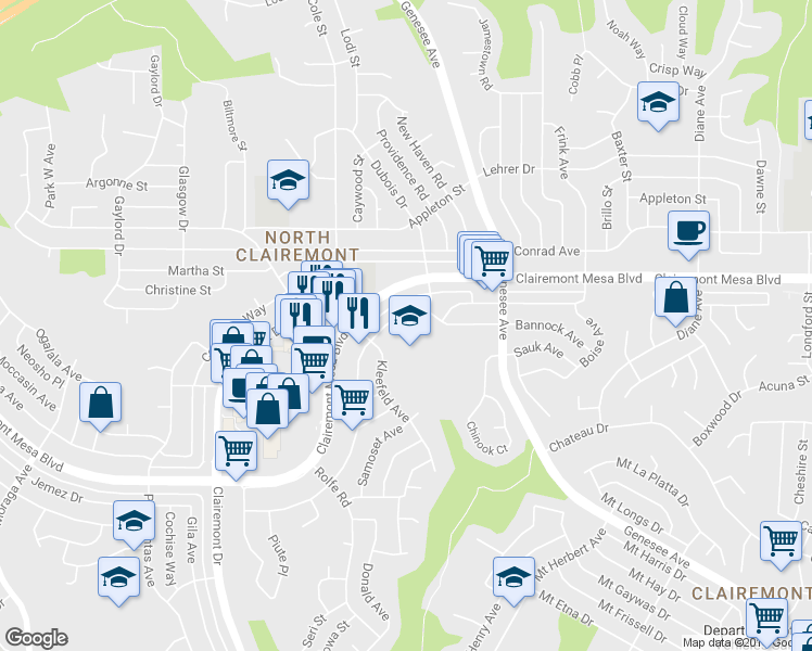 map of restaurants, bars, coffee shops, grocery stores, and more near 4375 Bannock Avenue in San Diego