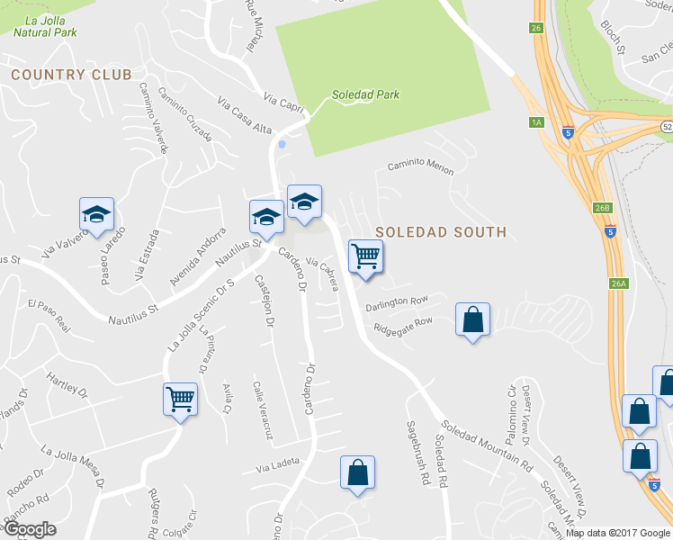 map of restaurants, bars, coffee shops, grocery stores, and more near 6375 Via Cabrera in San Diego