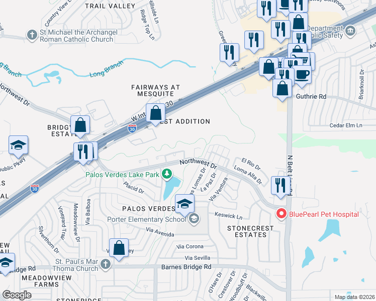 map of restaurants, bars, coffee shops, grocery stores, and more near 601 Northwest Drive in Mesquite