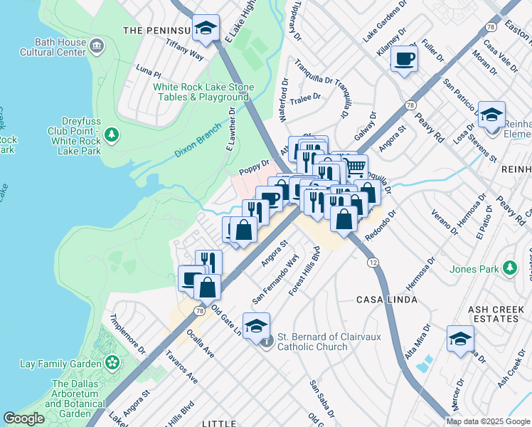 map of restaurants, bars, coffee shops, grocery stores, and more near 9440 Poppy Drive in Dallas