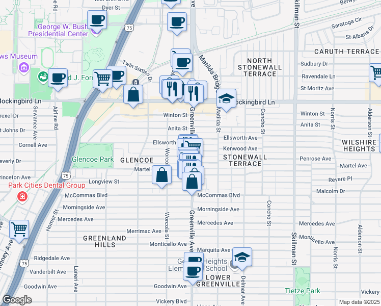 map of restaurants, bars, coffee shops, grocery stores, and more near 5628 Ellsworth Avenue in Dallas