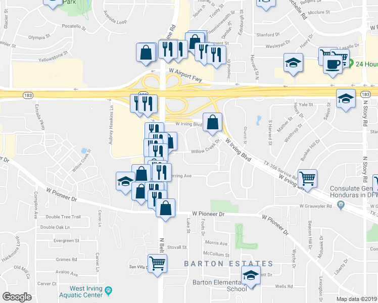map of restaurants, bars, coffee shops, grocery stores, and more near 3200 West Irving Boulevard in Irving