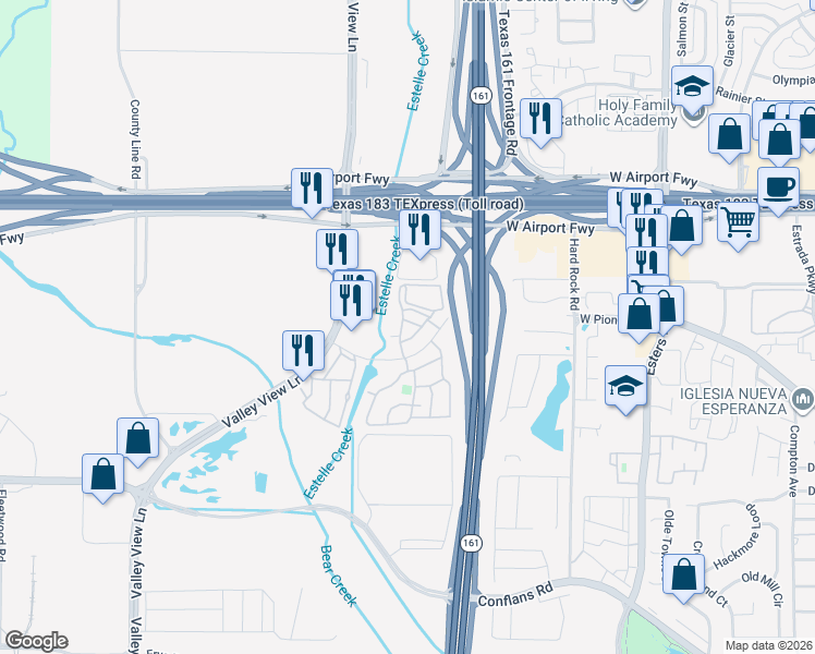 map of restaurants, bars, coffee shops, grocery stores, and more near 4517 West Pioneer Drive in Irving