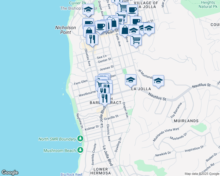 map of restaurants, bars, coffee shops, grocery stores, and more near 549 Westbourne Street in San Diego