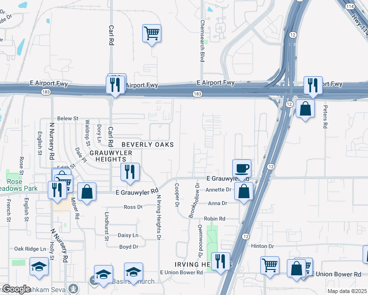 map of restaurants, bars, coffee shops, grocery stores, and more near 1826 Cooper Drive in Irving