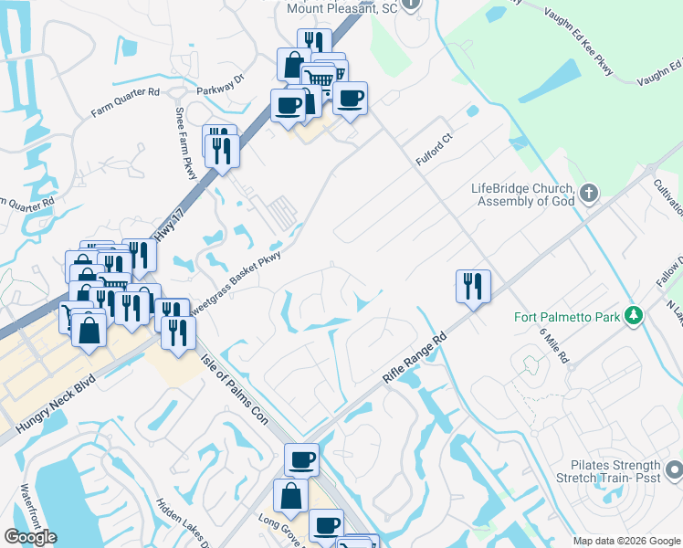 map of restaurants, bars, coffee shops, grocery stores, and more near 2126 Country Manor Drive in Mount Pleasant
