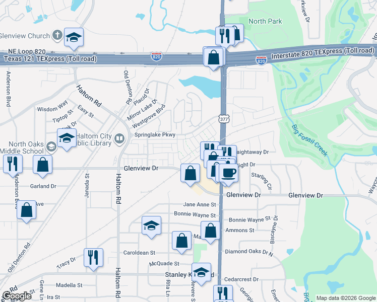 map of restaurants, bars, coffee shops, grocery stores, and more near 5100 Springlake Parkway in Haltom City