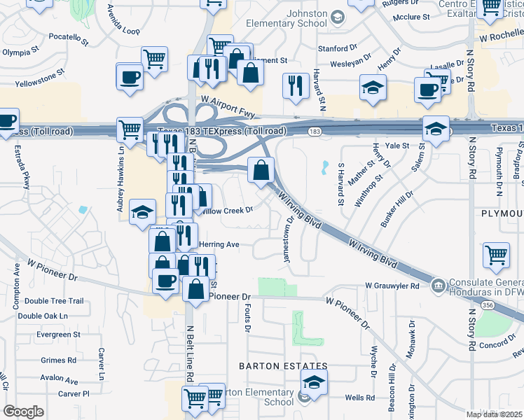 map of restaurants, bars, coffee shops, grocery stores, and more near 3300 Willow Creek Drive in Irving