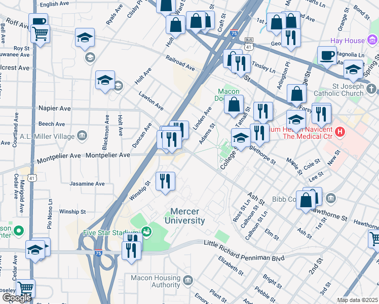 map of restaurants, bars, coffee shops, grocery stores, and more near Coleman Avenue in Macon