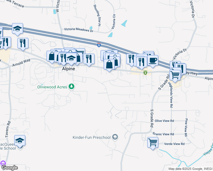 map of restaurants, bars, coffee shops, grocery stores, and more near 2402 Pimlico Place in Alpine