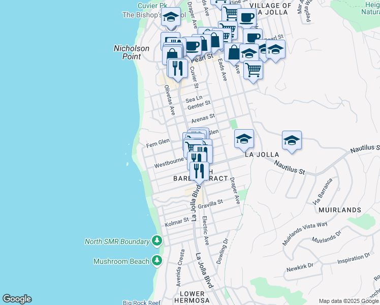 map of restaurants, bars, coffee shops, grocery stores, and more near 462 Westbourne Street in San Diego