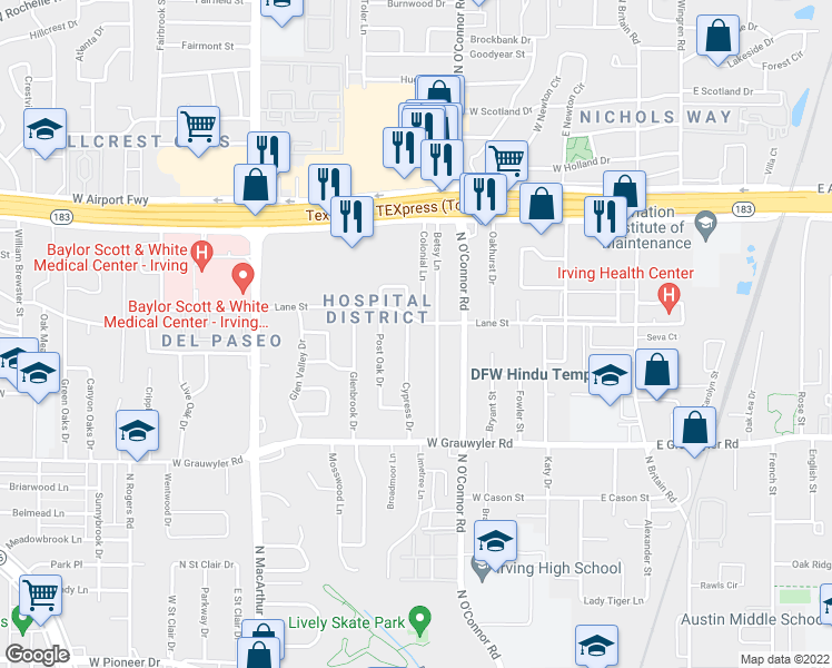 map of restaurants, bars, coffee shops, grocery stores, and more near 1801 Betsy Lane in Irving