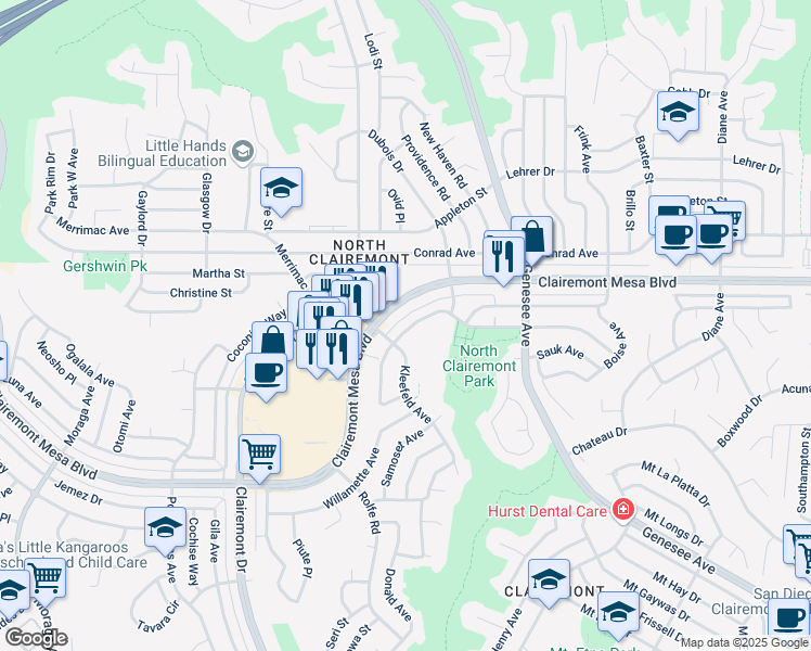 map of restaurants, bars, coffee shops, grocery stores, and more near 4341 Clairemont Mesa Boulevard in San Diego
