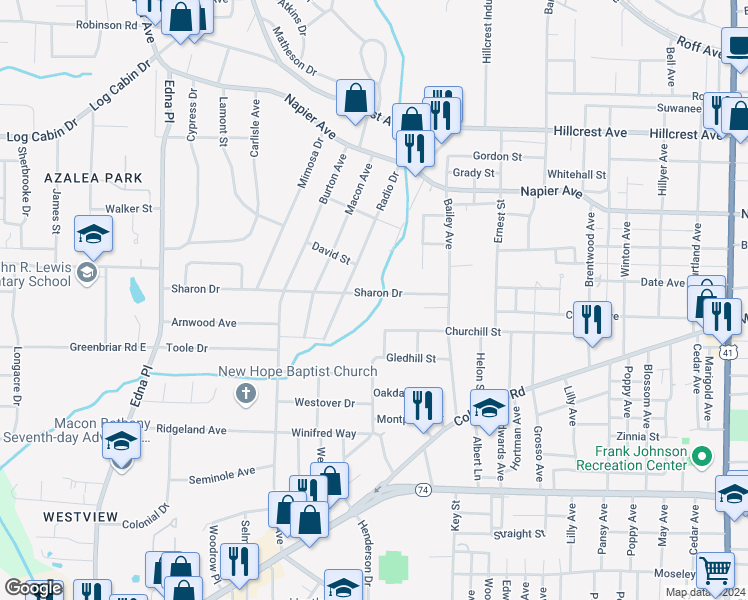 map of restaurants, bars, coffee shops, grocery stores, and more near 3100 Sharon Drive in Macon