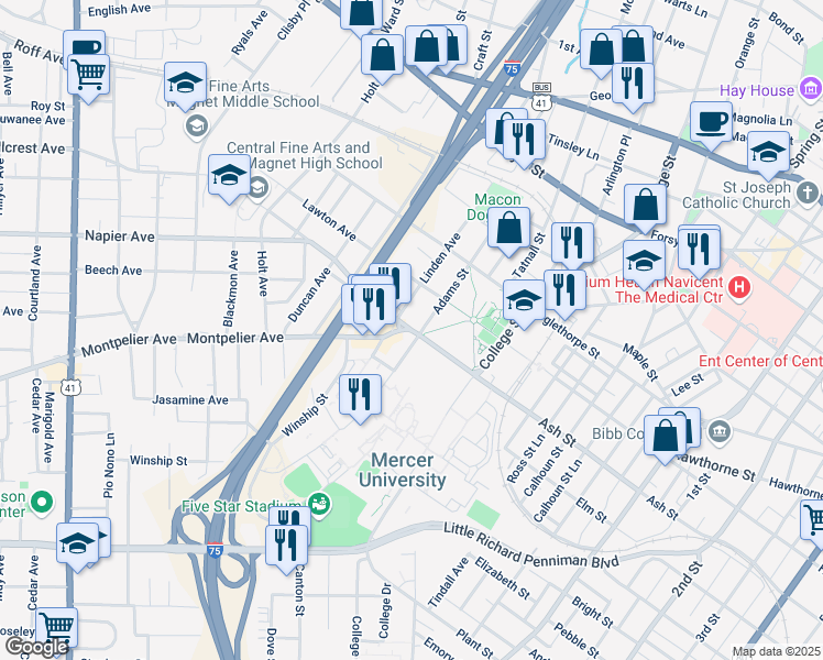 map of restaurants, bars, coffee shops, grocery stores, and more near Coleman Avenue in Macon