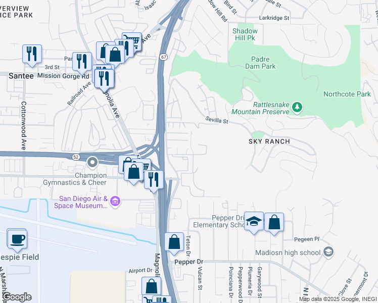 map of restaurants, bars, coffee shops, grocery stores, and more near 10966 Sunset Trail in Santee